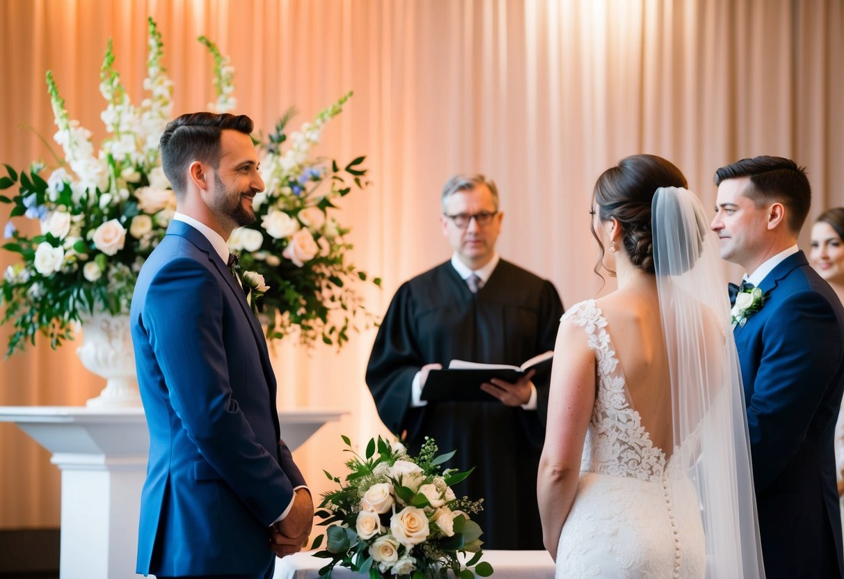 A groom stands on the left side of a wedding altar, facing the officiant and the bride. A floral arrangement adorns the altar, and soft lighting creates a warm ambiance