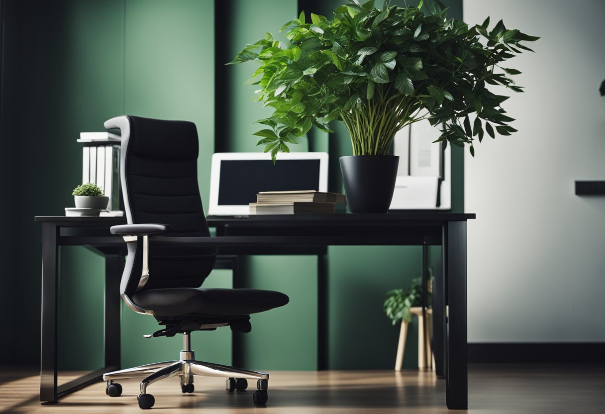 A deep green desk plant sits among dark office decor, adding a touch of nature to the otherwise somber space