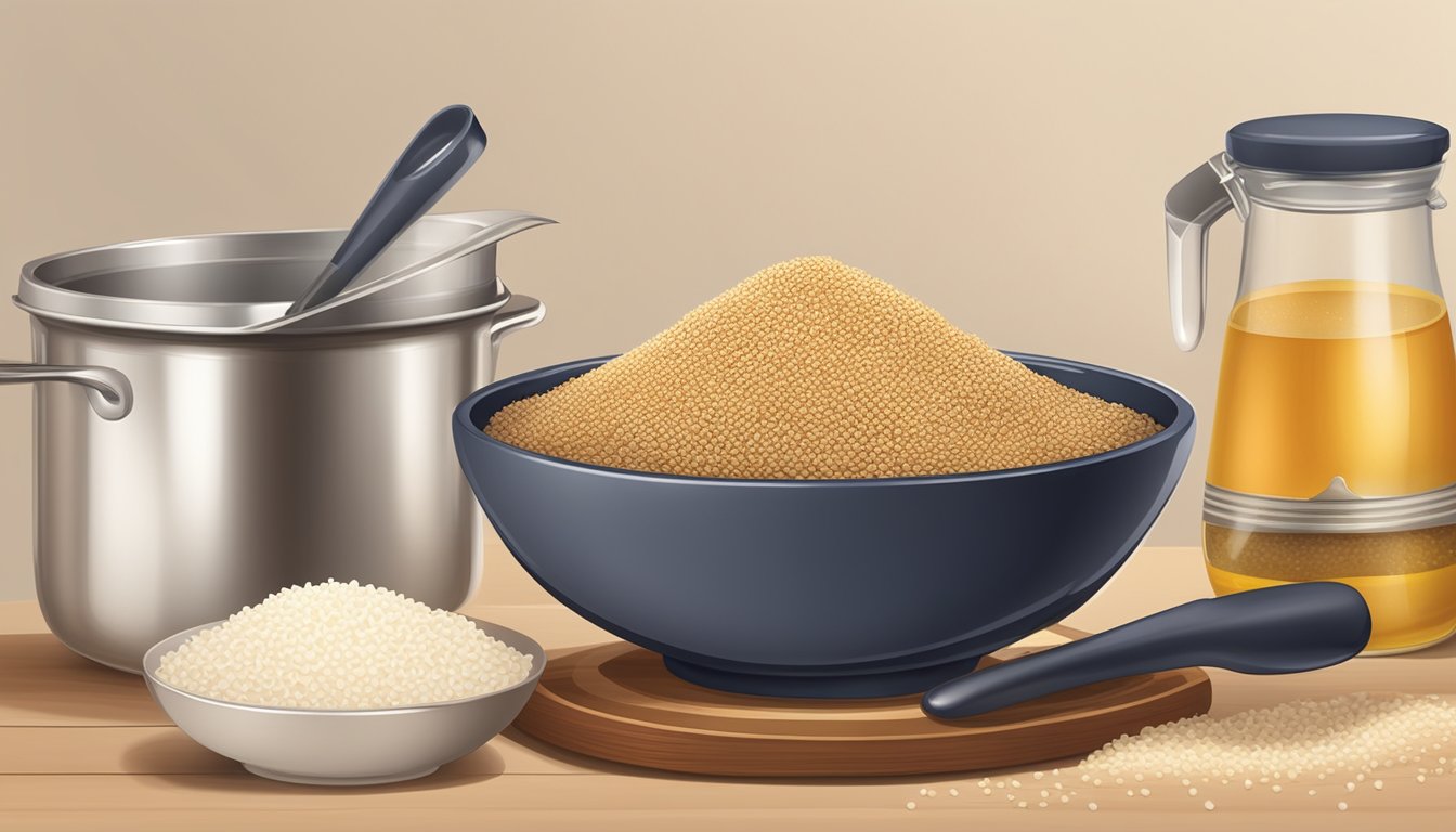 A bowl of cooked quinoa next to a bag of rice, with a chef's hat and a measuring cup, surrounded by various cooking utensils