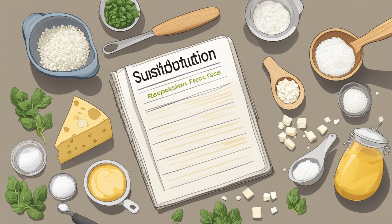 A kitchen counter with queso fresco and feta cheese next to a recipe book open to "Substitution Guidelines." Ingredients and measuring spoons are scattered around