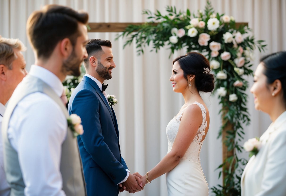 A modern wedding scene with the groom standing on the left, facing a non-human subject such as a floral arch or ceremonial backdrop