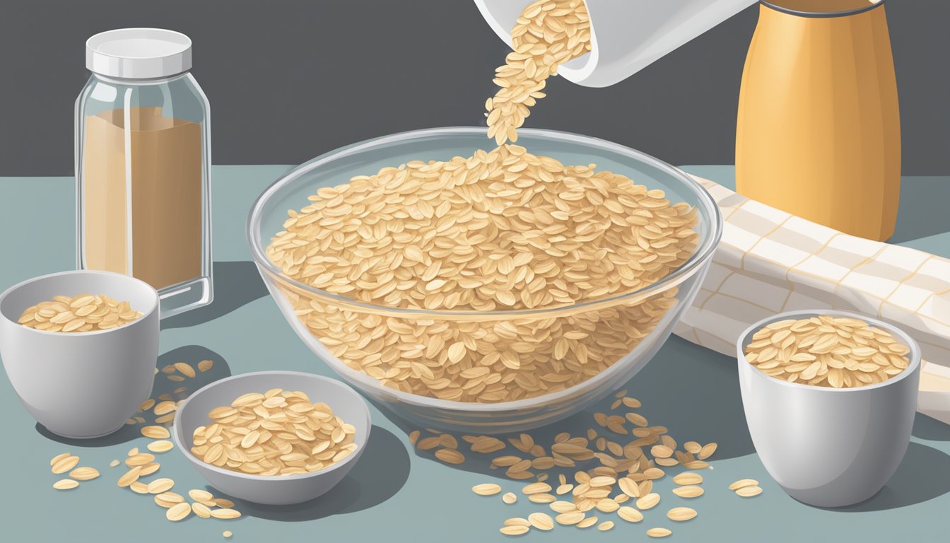 A bowl of quick oats being poured into a mixing bowl alongside a measuring cup and a bag of rolled oats