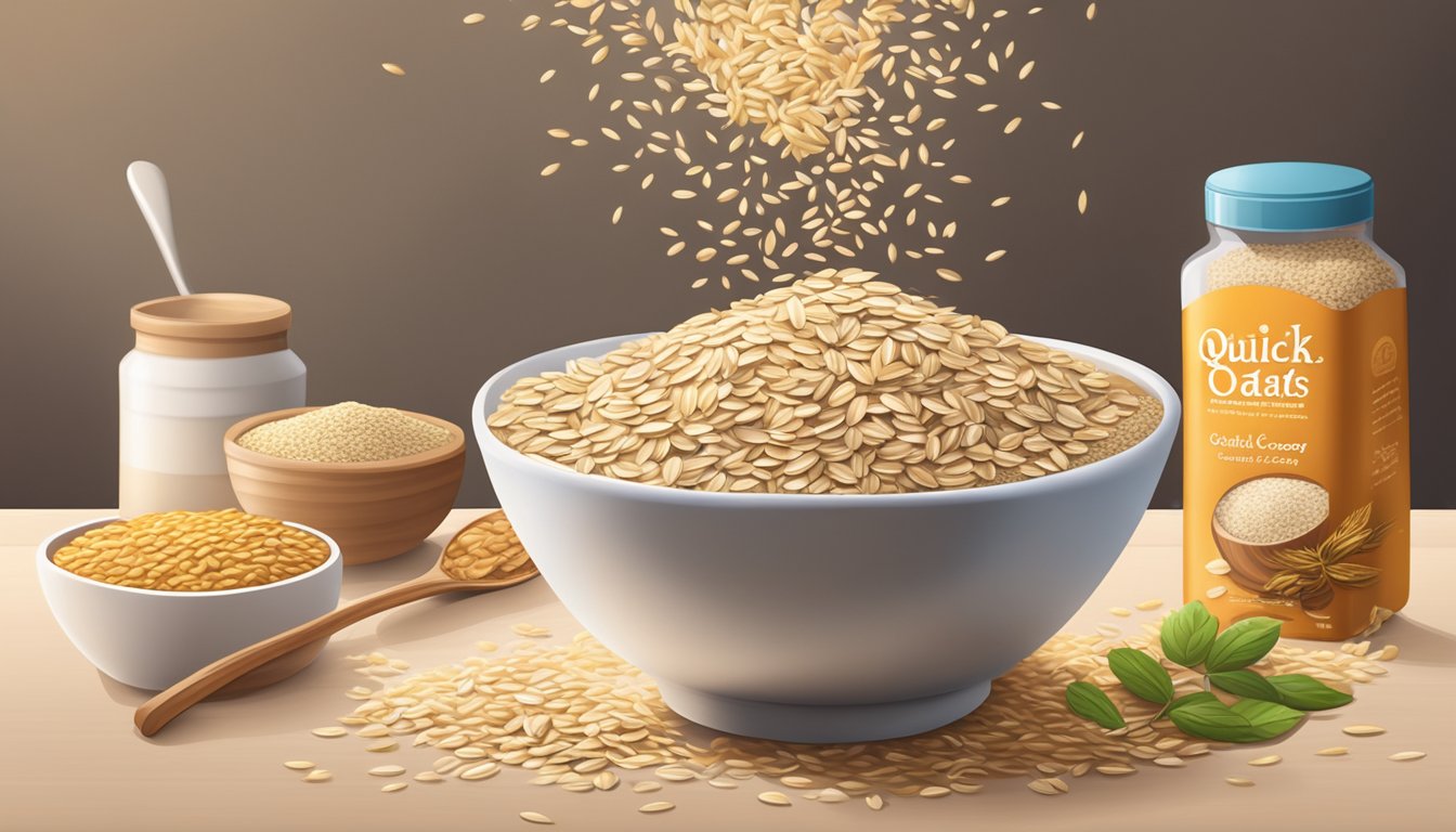 A bowl of quick oats pouring into a mixing bowl, with a bag of rolled oats in the background. An assortment of alternative grains and seeds scattered around the kitchen counter