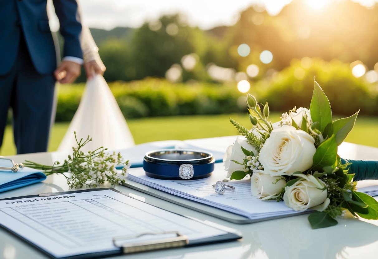 A wedding scene with a groom standing on the left, surrounded by essential planning elements like a checklist, flowers, and a wedding ring