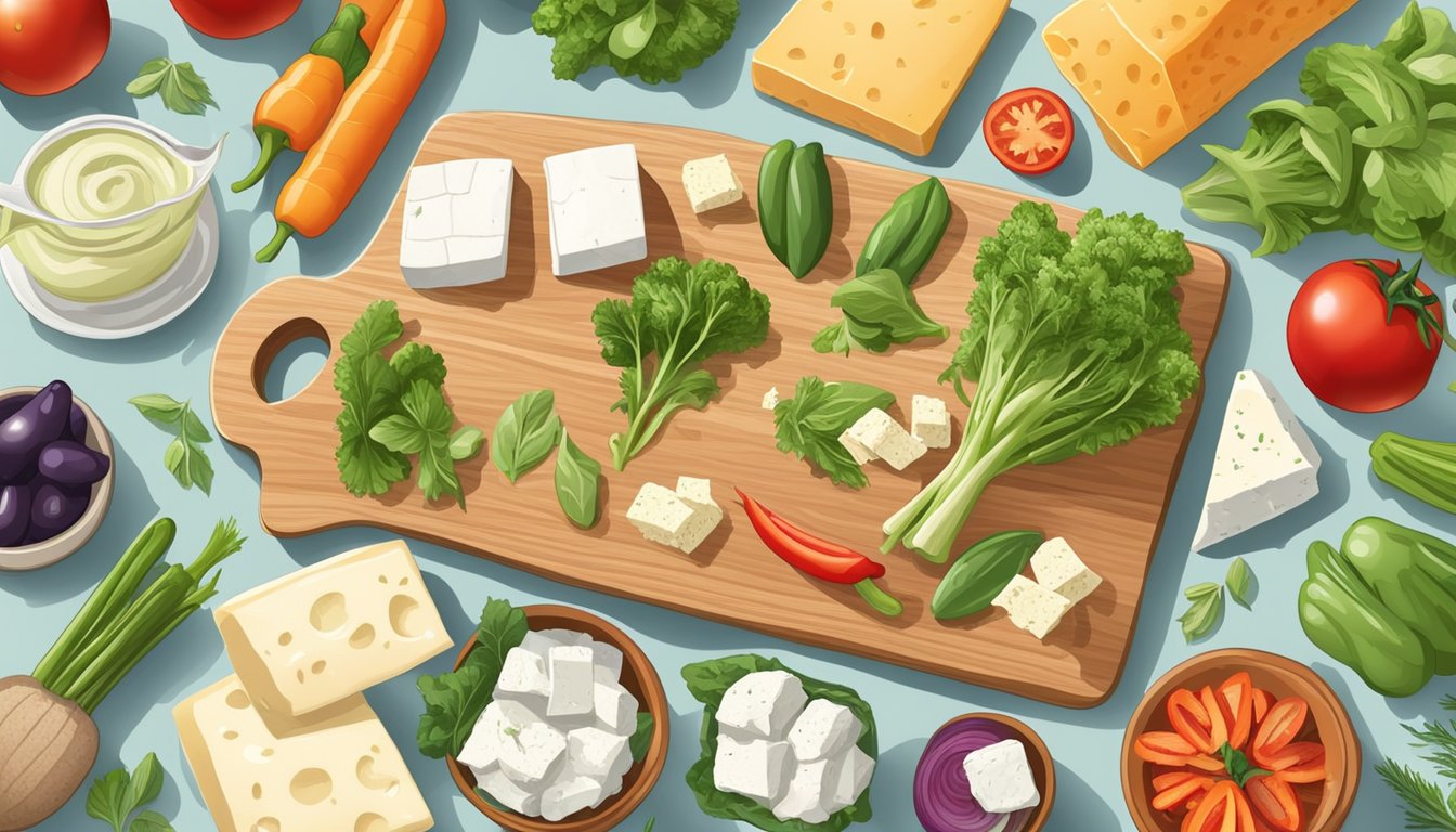 A cutting board with queso fresco and feta cheese, surrounded by various vegetables and vegan alternatives