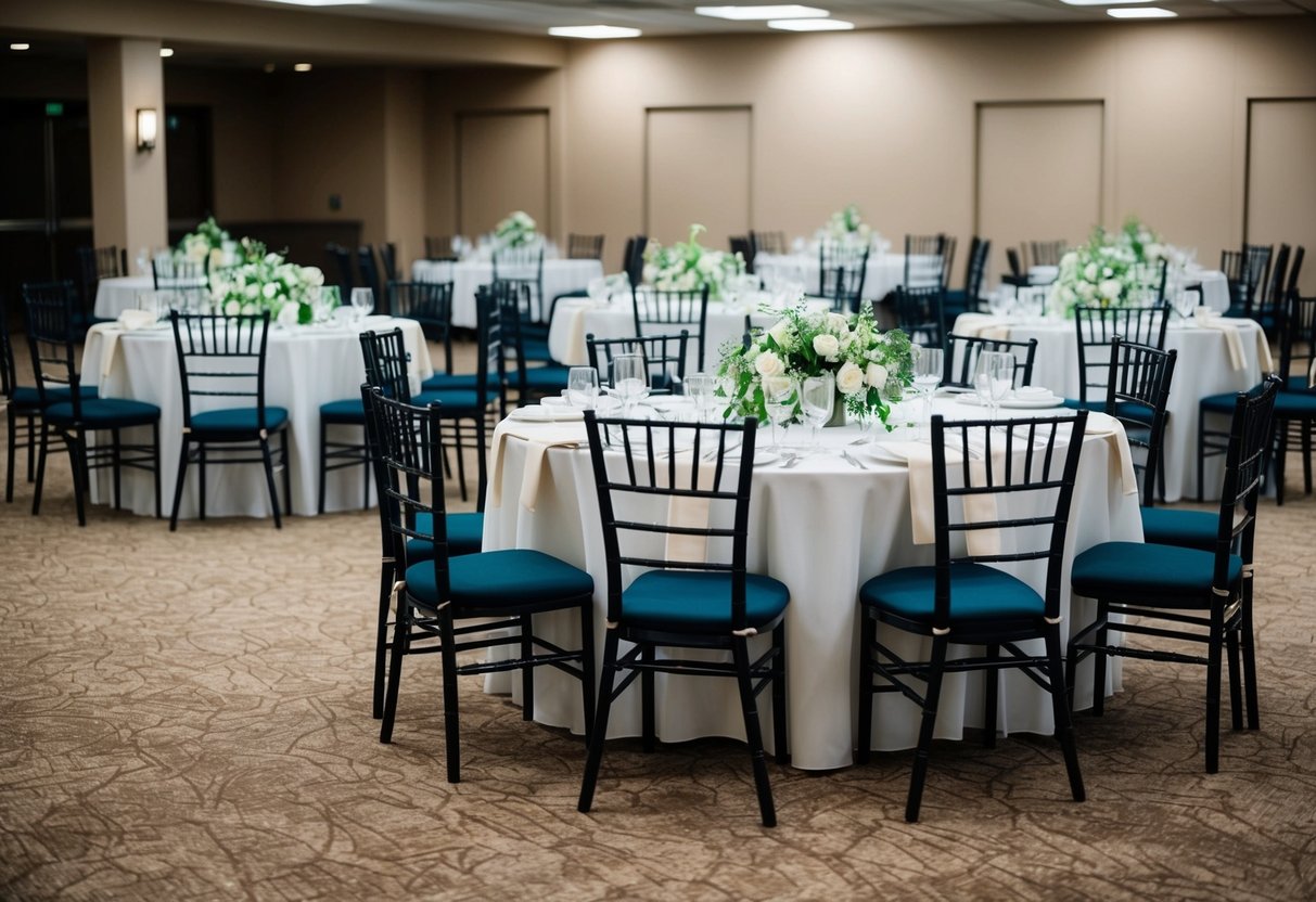 A deserted wedding venue with empty chairs and untouched tables, indicating a high percentage of no-shows for the RSVPs