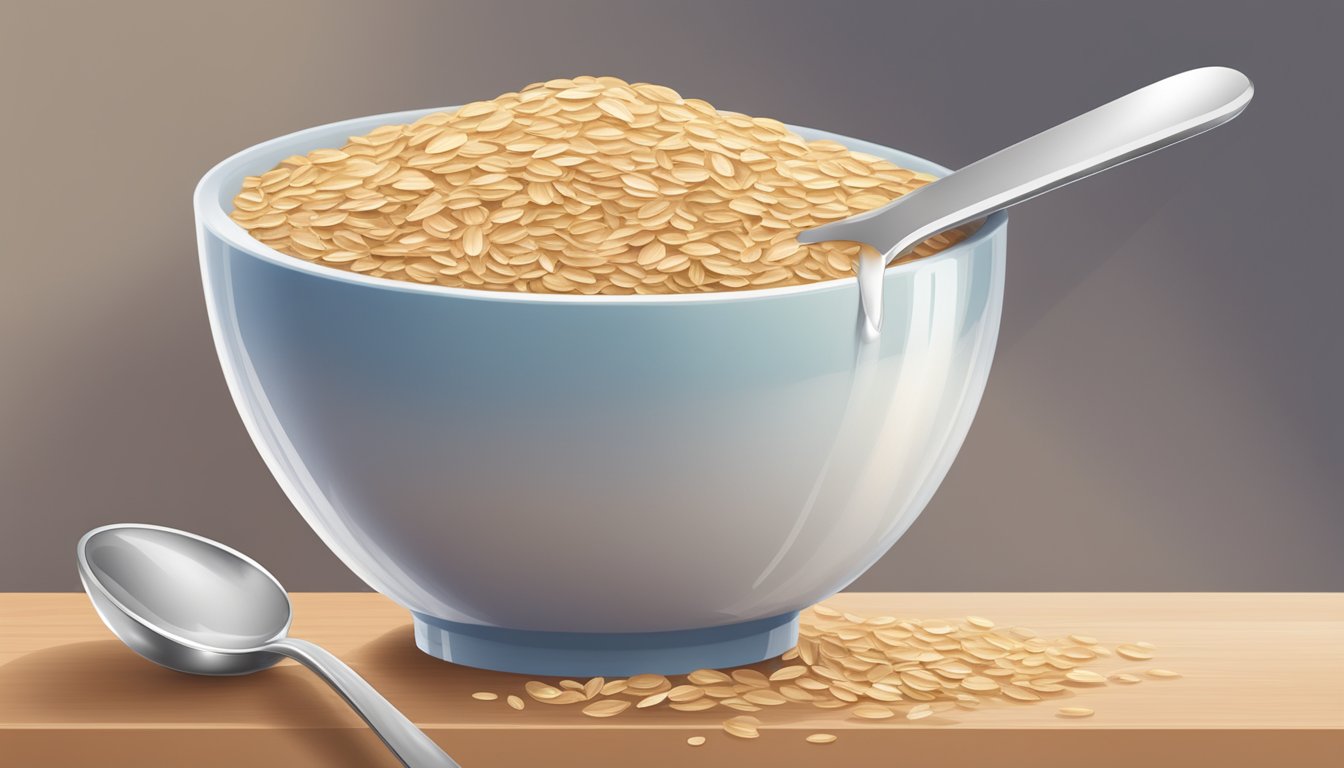 A bowl of quick oats poured into a pot, with a measuring cup of water and a spoon nearby