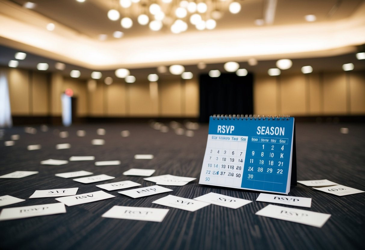 An empty event space with scattered RSVP cards and a calendar showing the current season