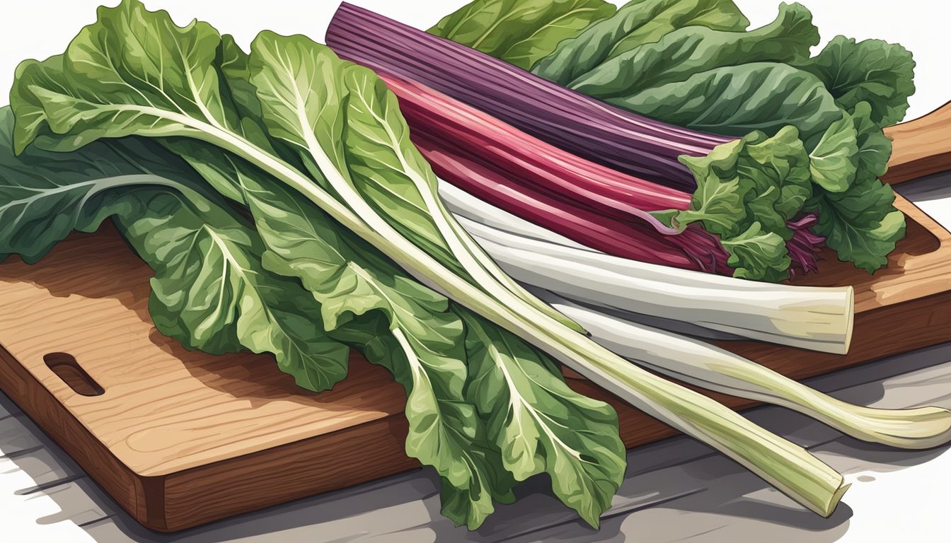 A colorful bunch of rainbow chard sits next to a bunch of swiss chard on a wooden cutting board, with various kitchen utensils scattered around