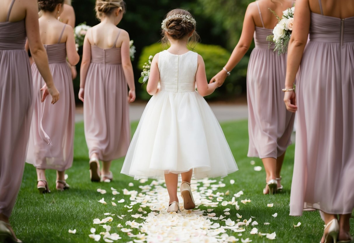 Flower petals trail behind as girls precede bridesmaids down the aisle