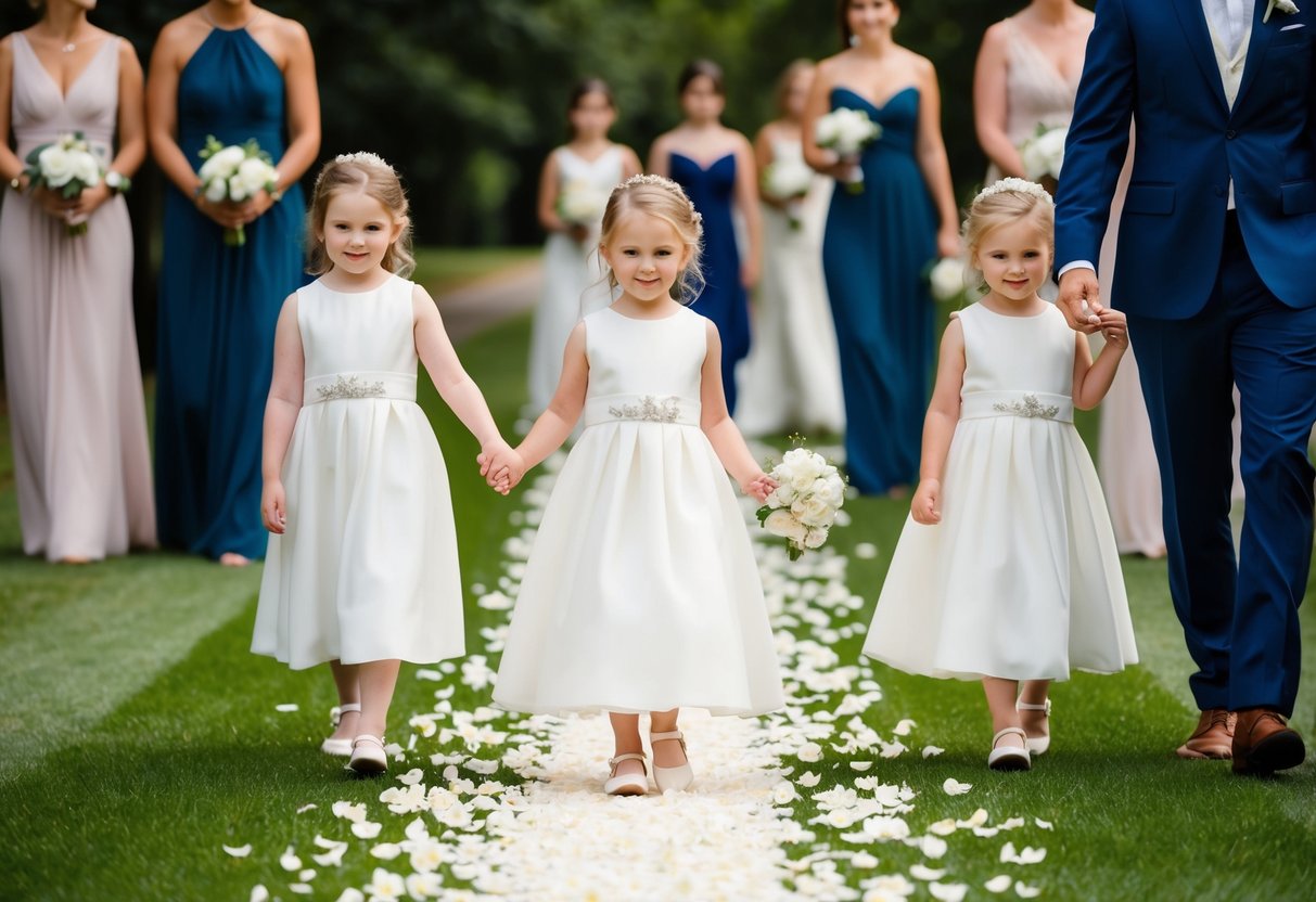 A line of flower petals marks the path as the flower girls lead the way, followed by the bridesmaids in a graceful wedding procession