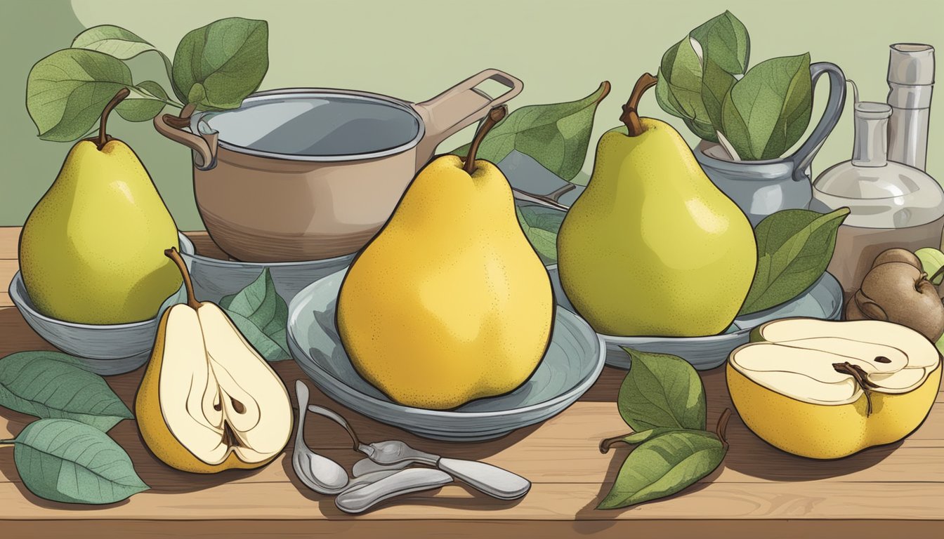 A quince and pear sitting side by side, surrounded by various cooking utensils and ingredients. The quince is being used in place of the pear in a recipe