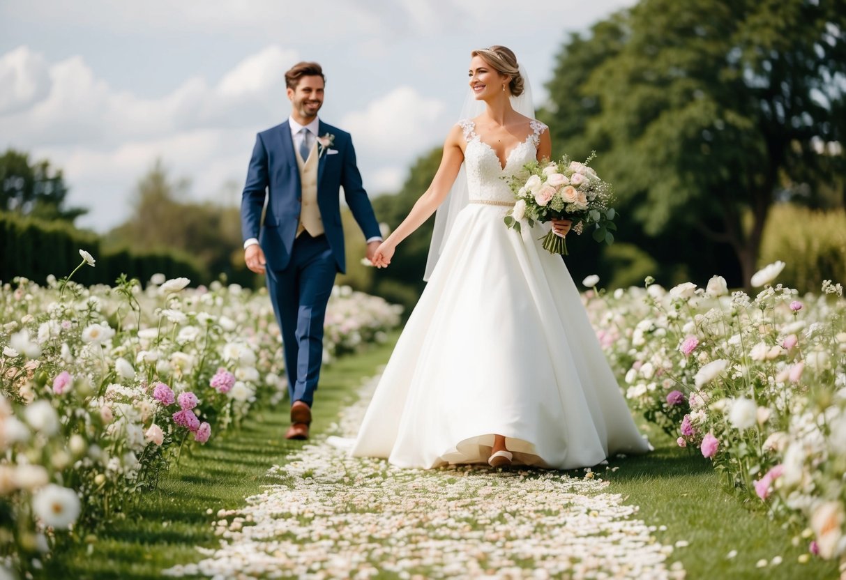 A flower-strewn path leads to a bride walking to a romantic tune