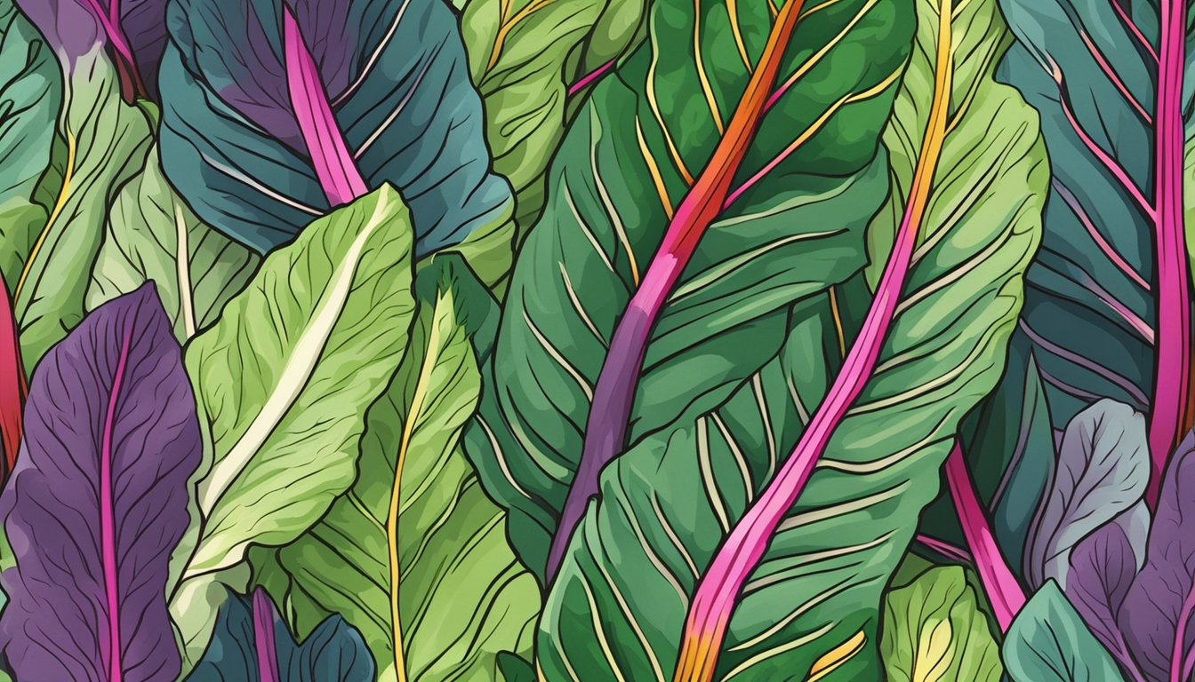 A colorful bunch of rainbow chard leaves arranged next to a bunch of Swiss chard, showcasing their similar appearance for a substitution guide