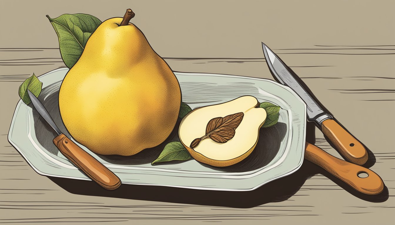 A quince and a pear side by side, with a knife slicing through both to show their texture and a taste test with a spoon