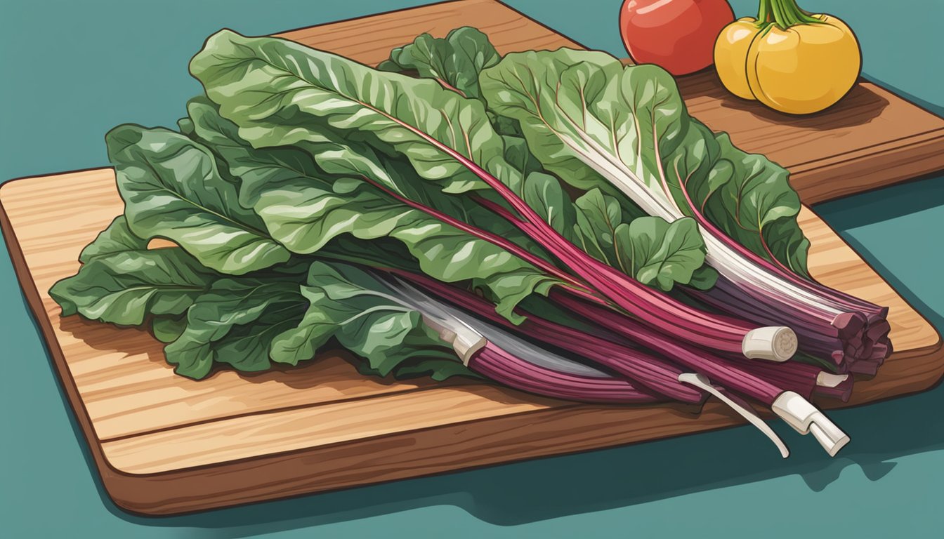 A colorful bunch of rainbow chard sits on a cutting board, next to a bunch of swiss chard. A chef's knife is poised to slice through the stems