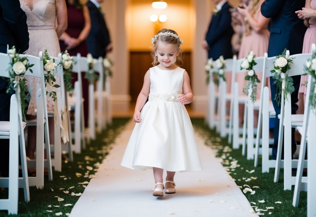 The flower girl walks down the aisle to the same song as the bride, scattering petals along the way