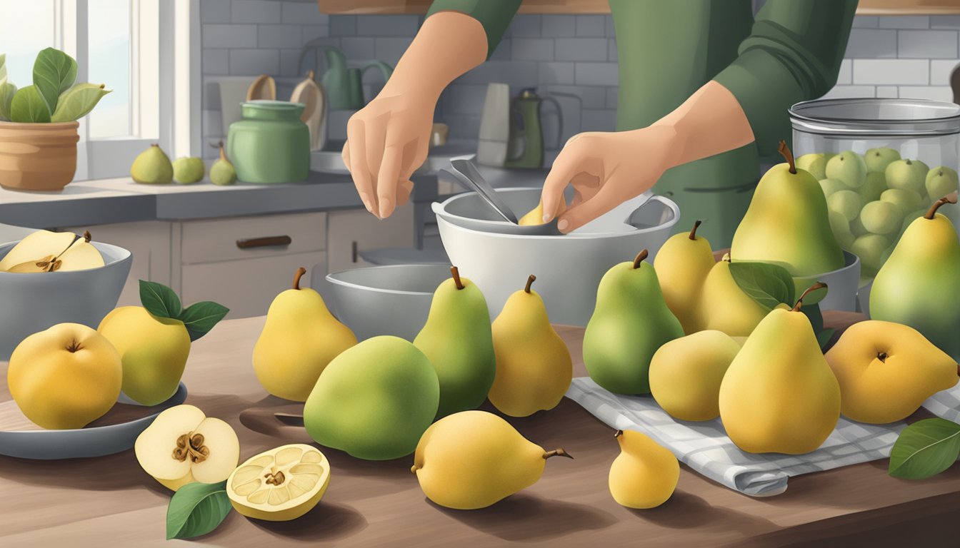 A quince and a pear sitting on a kitchen counter, surrounded by various ingredients and utensils. A hand reaching for the quince