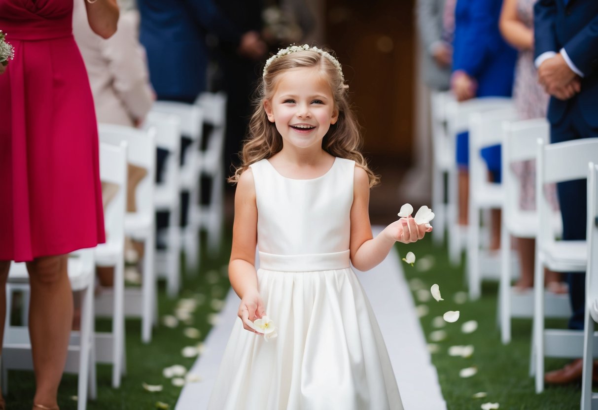The flower girl walks down the aisle to the same song as the bride, scattering petals with a joyful smile