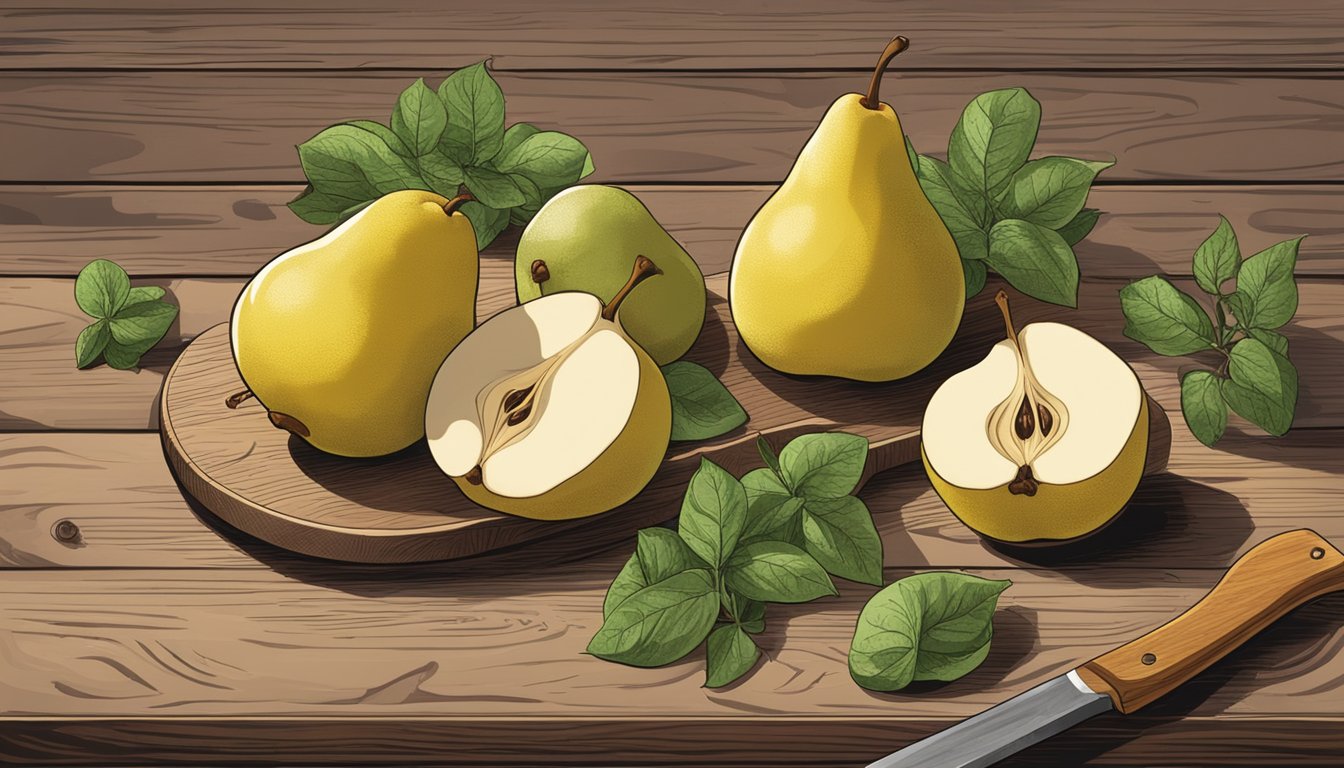 A quince and a pear sit side by side on a rustic wooden table, surrounded by fresh herbs and spices. A chef's knife and cutting board are nearby, ready for preparation