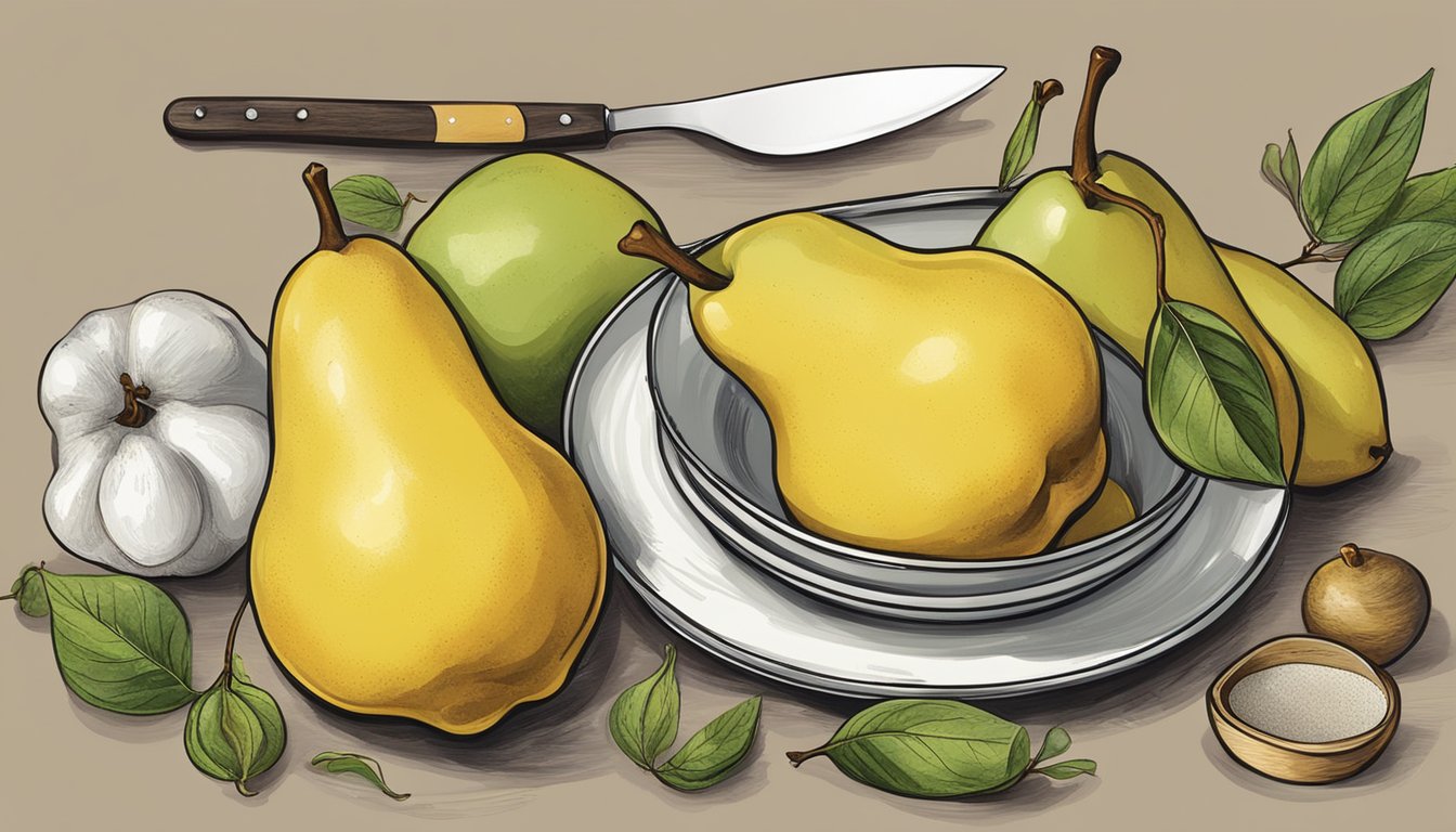 A quince and pear side by side, one being used in place of the other in various recipes, surrounded by cooking utensils and ingredients