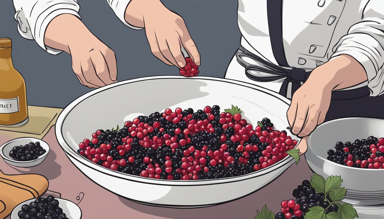 A bowl of red currants being used in a recipe, with a chef swapping them for black currants