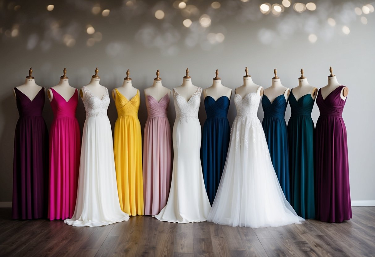 A group of bridesmaid dresses in various colors and styles lined up on mannequins, representing the average number of bridesmaids in a wedding