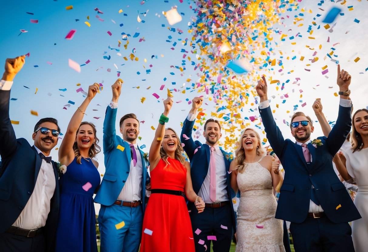 Thirty guests celebrating with confetti falling from the sky in a festive and colorful scene