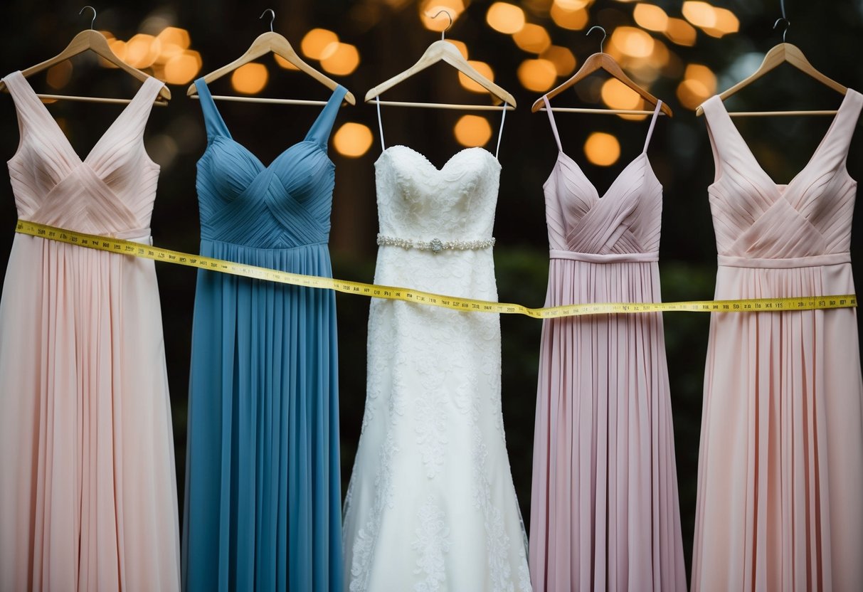 A group of bridesmaid dresses hanging in a row, with a measuring tape draped over them to determine their sizes