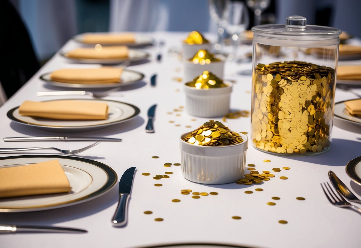 A table with 30 place settings, each with a small pile of confetti, alongside a larger container of confetti for refilling
