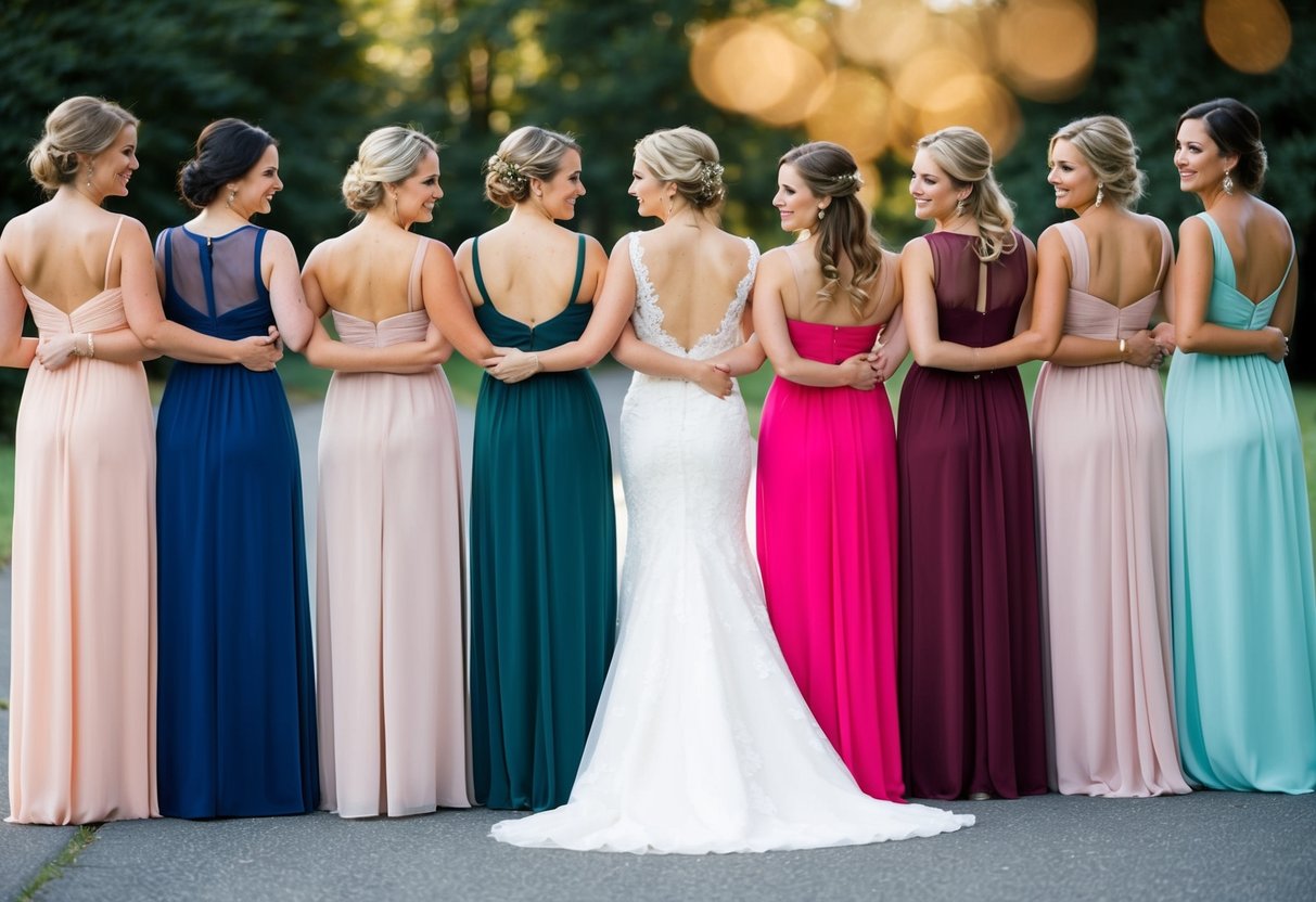 A group of bridesmaid dresses in various colors and styles arranged in a line, with a bride's dress in the center