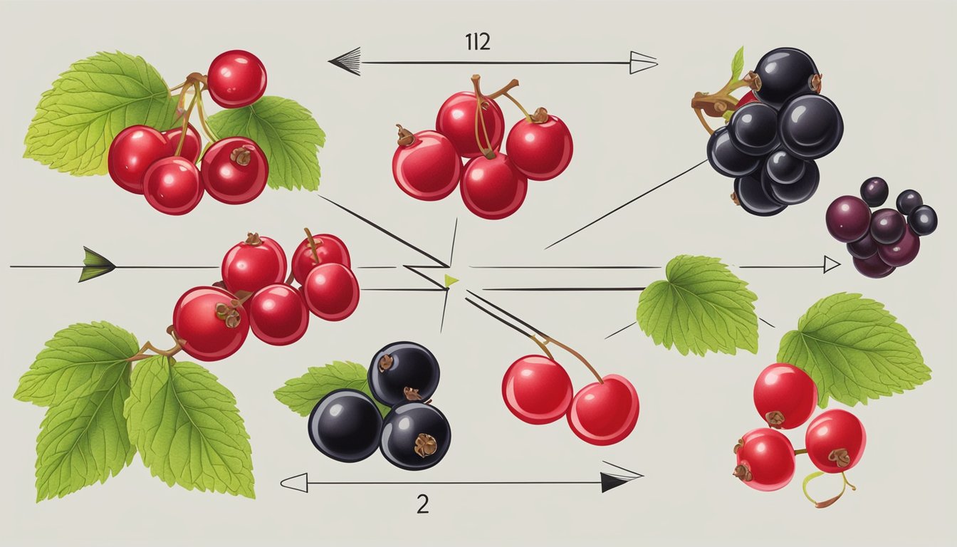 Red currants replacing black currants in a recipe. Both fruits displayed side by side with arrows indicating the substitution