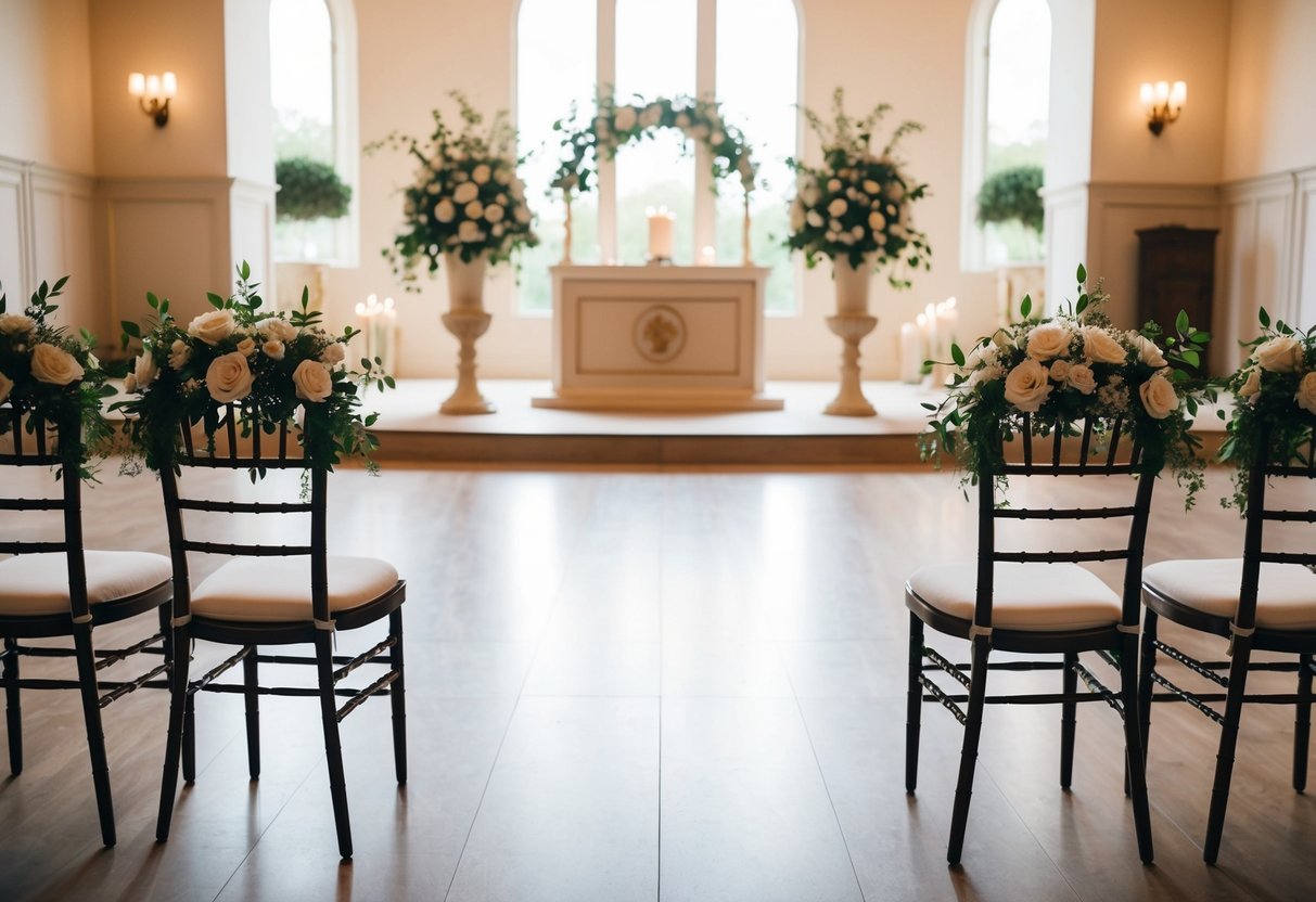 An empty wedding venue with two chairs and a beautiful altar adorned with flowers and candles