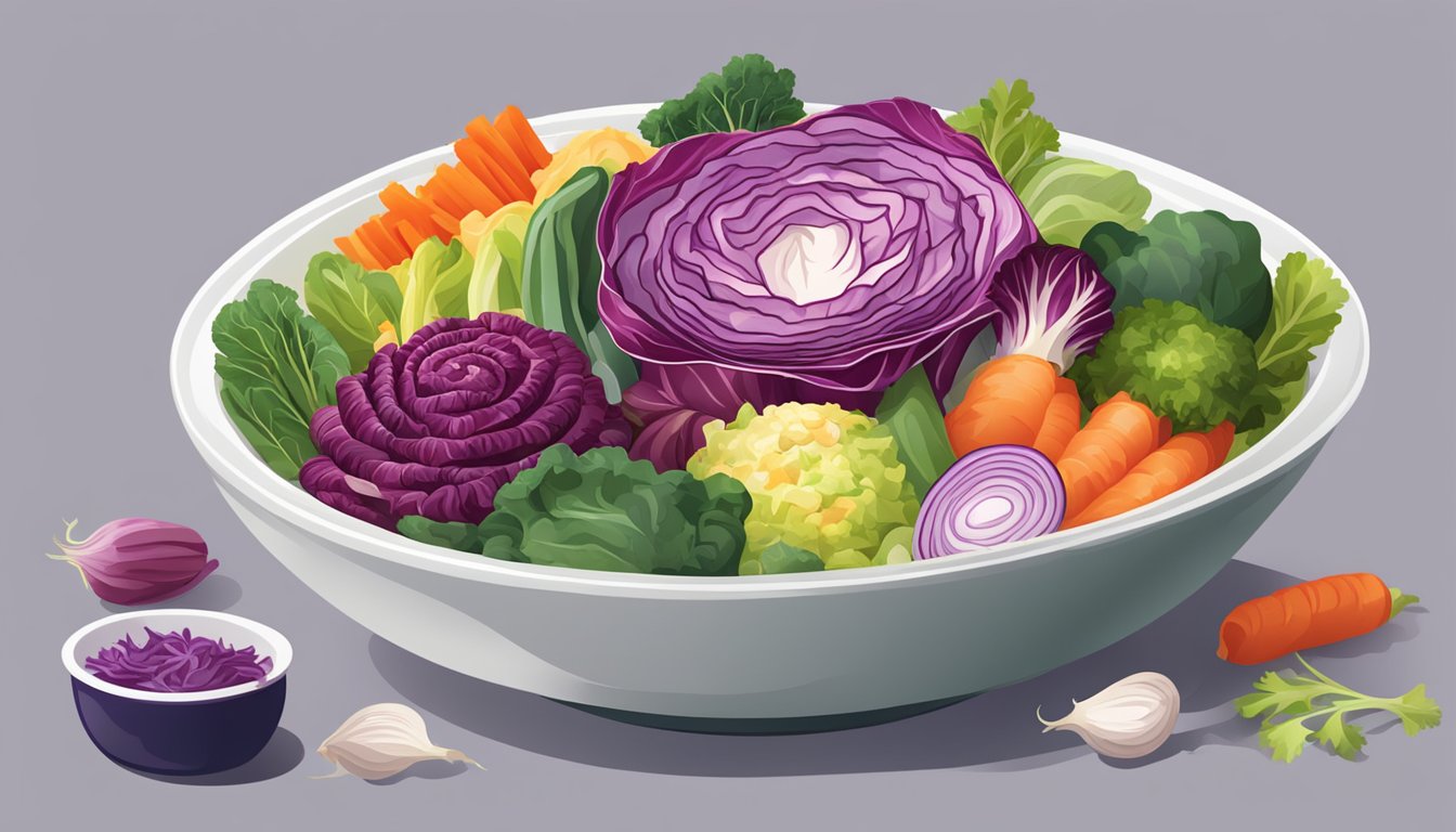 A bowl of mixed vegetables, with vibrant radicchio replacing red cabbage in a salad or stir-fry dish