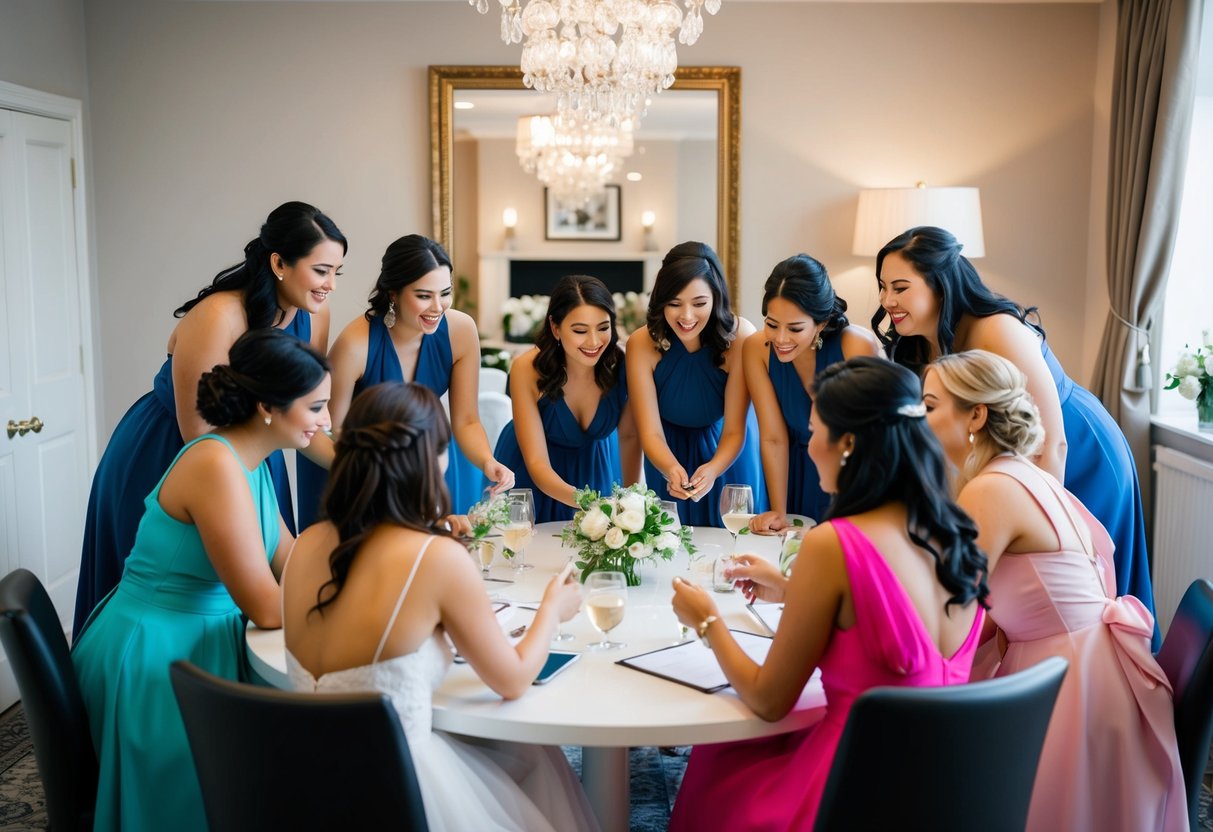 A group of bridesmaids gathered around a table, brainstorming and planning various activities for an upcoming wedding