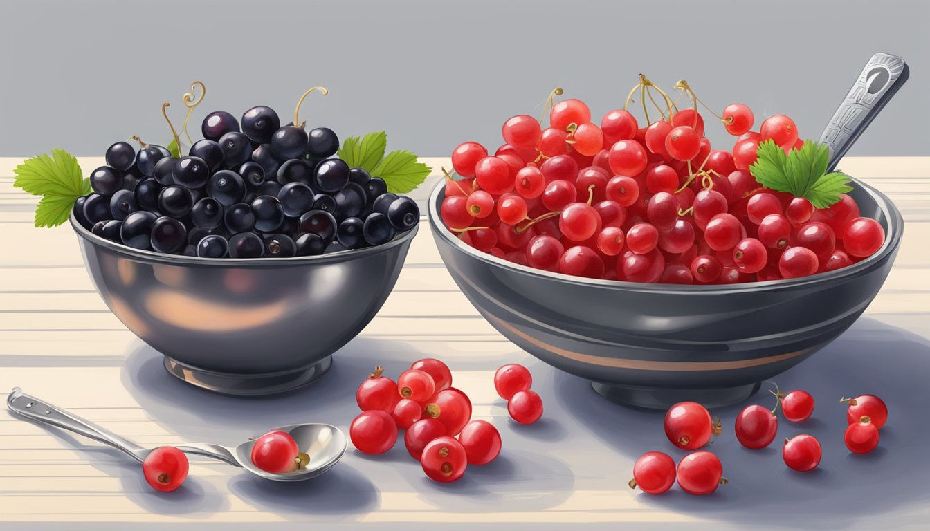 A bowl of red currants placed next to a bowl of black currants, with a measuring spoon and a scale on the side