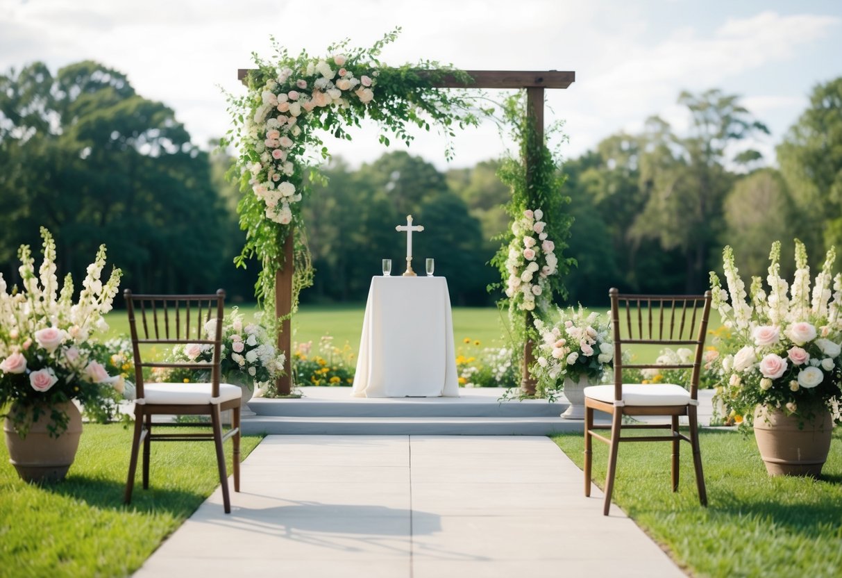 A serene outdoor setting with a simple altar, surrounded by blooming flowers and lush greenery, with two empty chairs facing each other