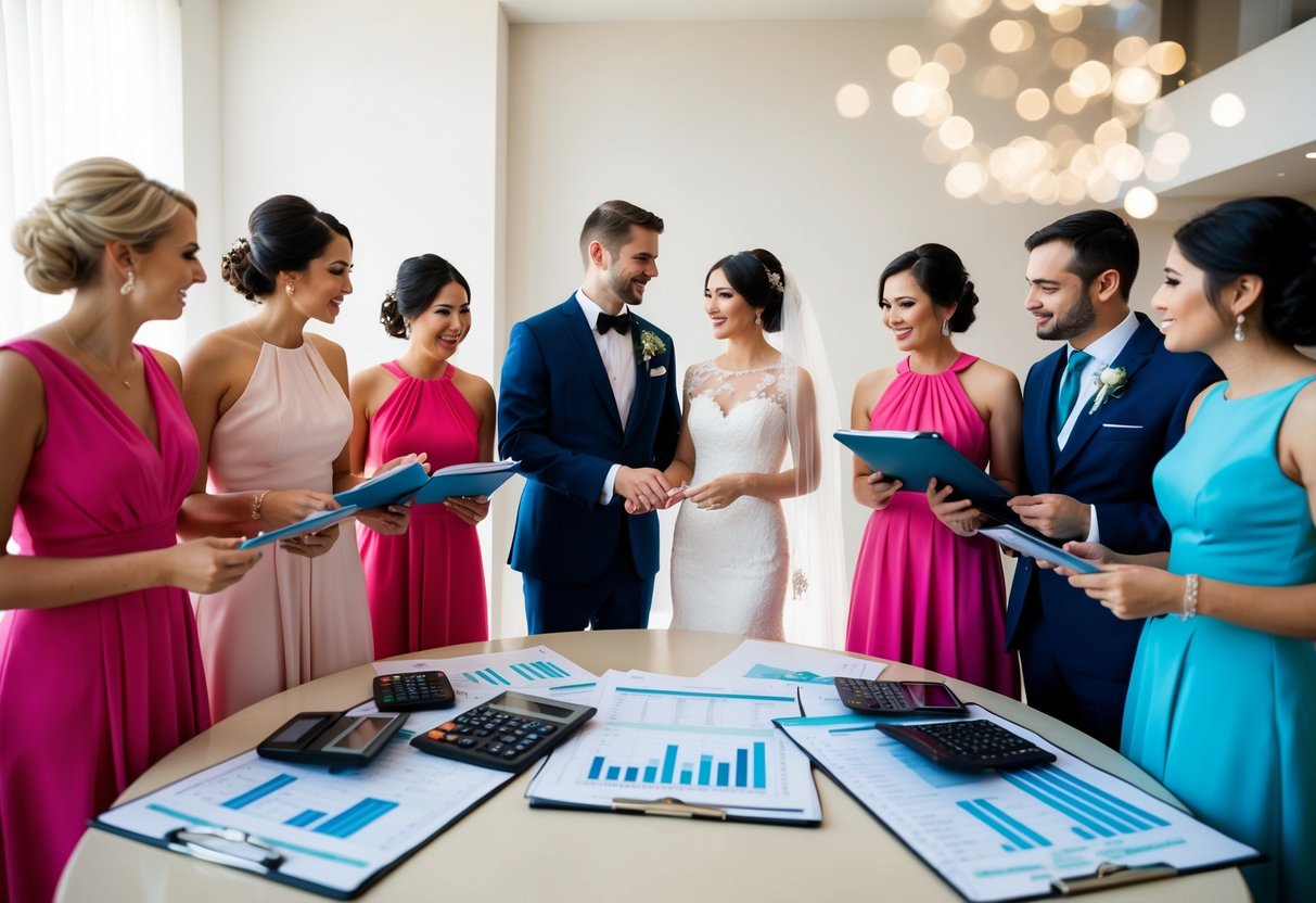 A bride and groom stand surrounded by a group of bridesmaids and groomsmen, all dressed in elegant attire. They are gathered around a table with spreadsheets and calculators, discussing wedding expenses