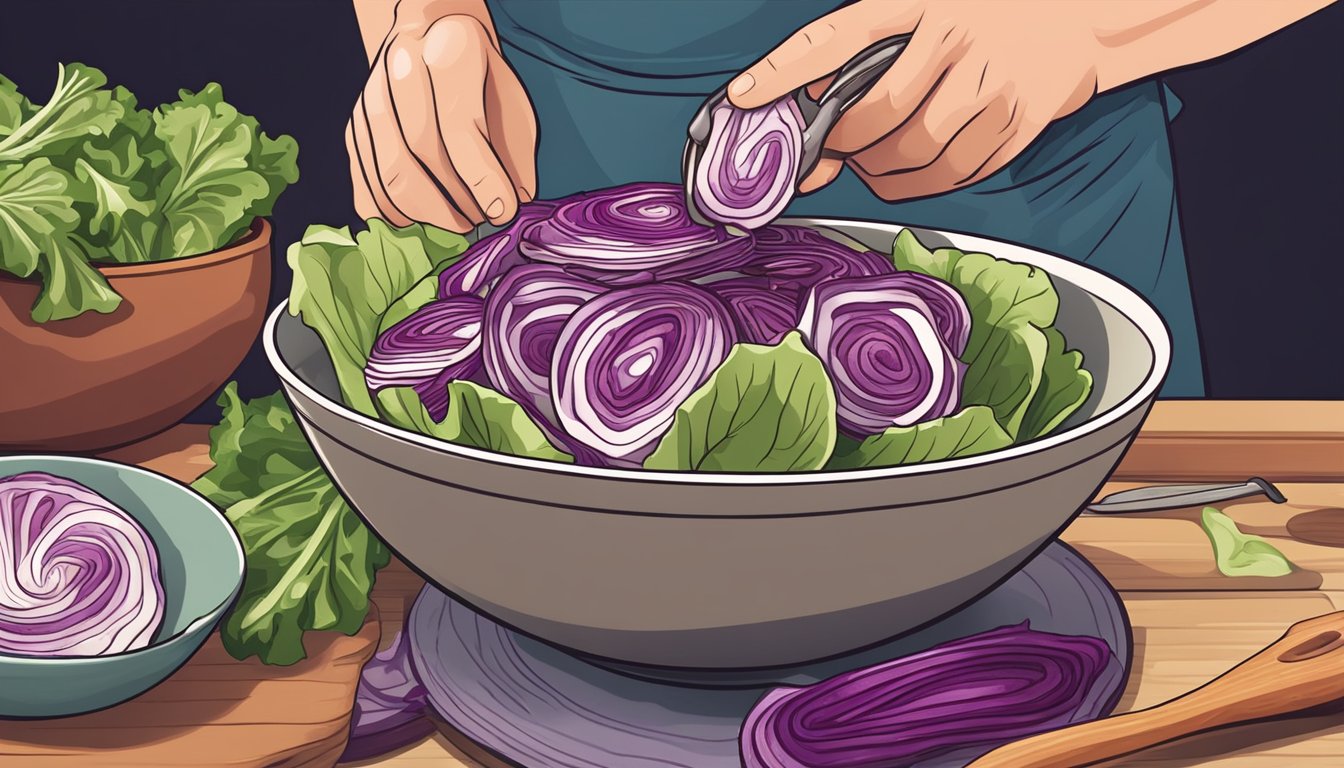 A vibrant radicchio leaf being chopped and added to a bowl of salad, replacing red cabbage