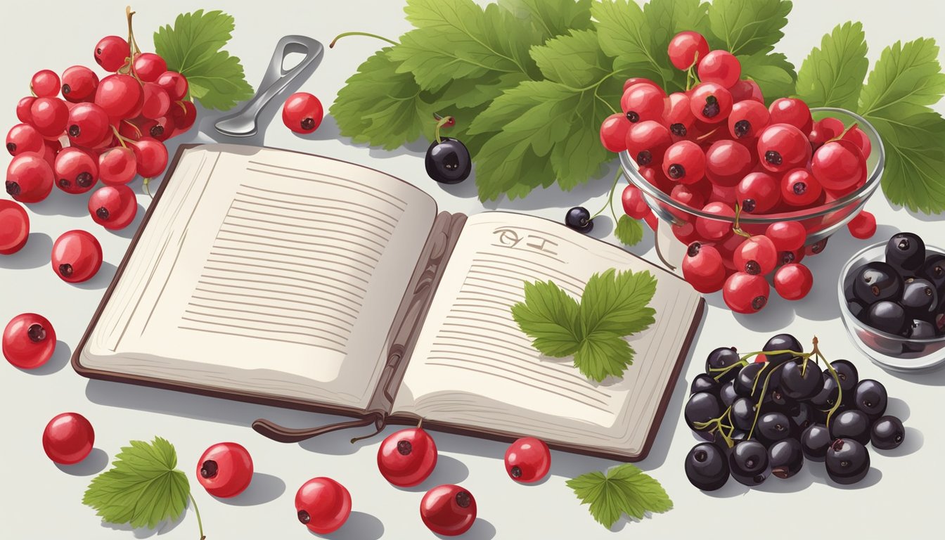 Red currants and black currants arranged on a kitchen counter next to a recipe book. Ingredients and measuring spoons are scattered around