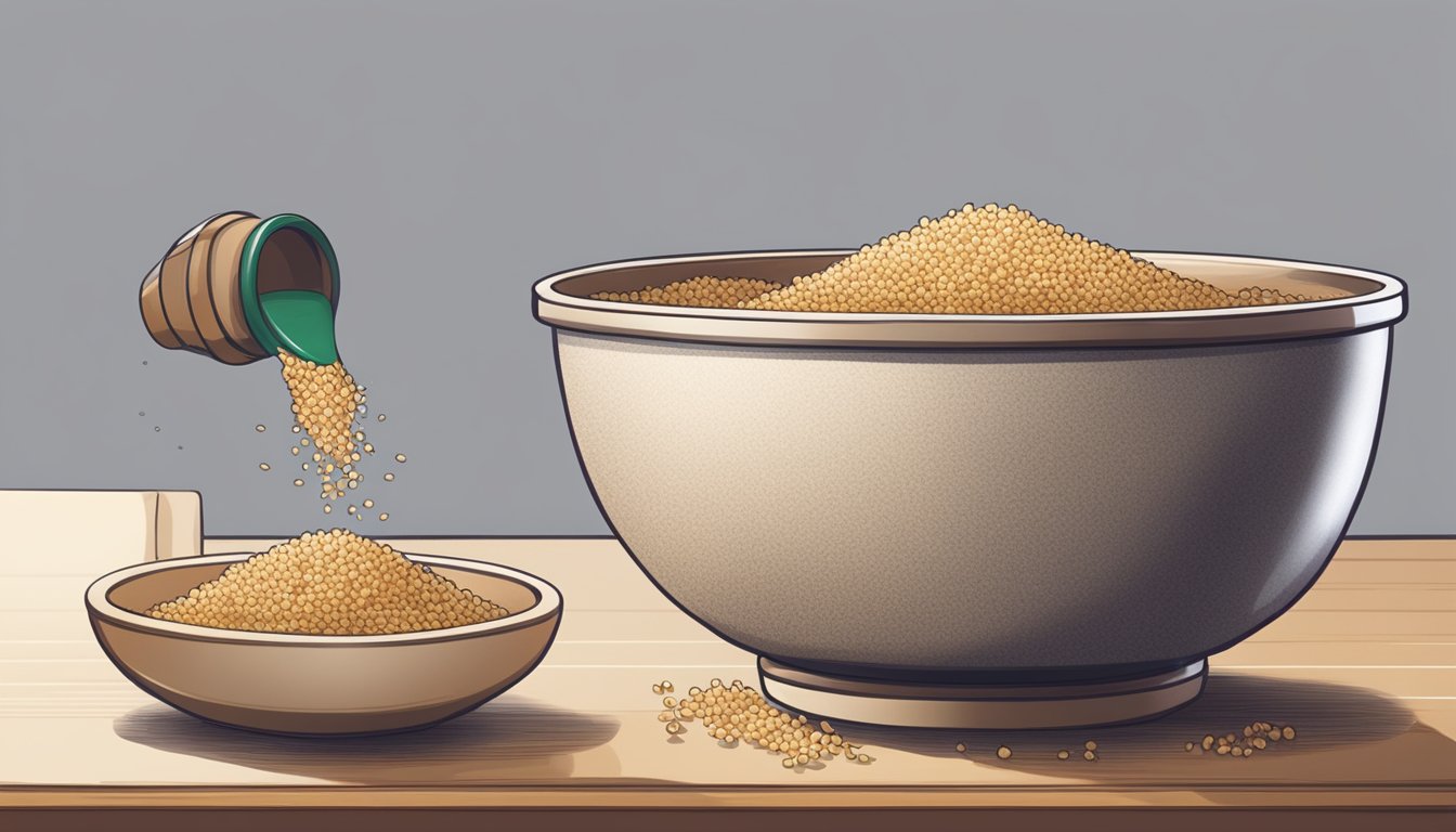 A bowl of cooked quinoa next to a bowl of uncooked rice, with a measuring cup pouring quinoa into a pot