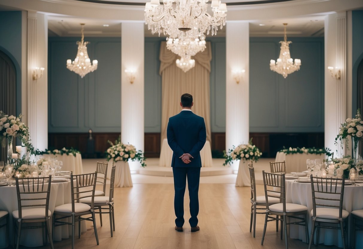 A solitary figure stands in an empty wedding venue, surrounded by elegant decorations and a beautifully set table, contemplating the decision not to invite anyone