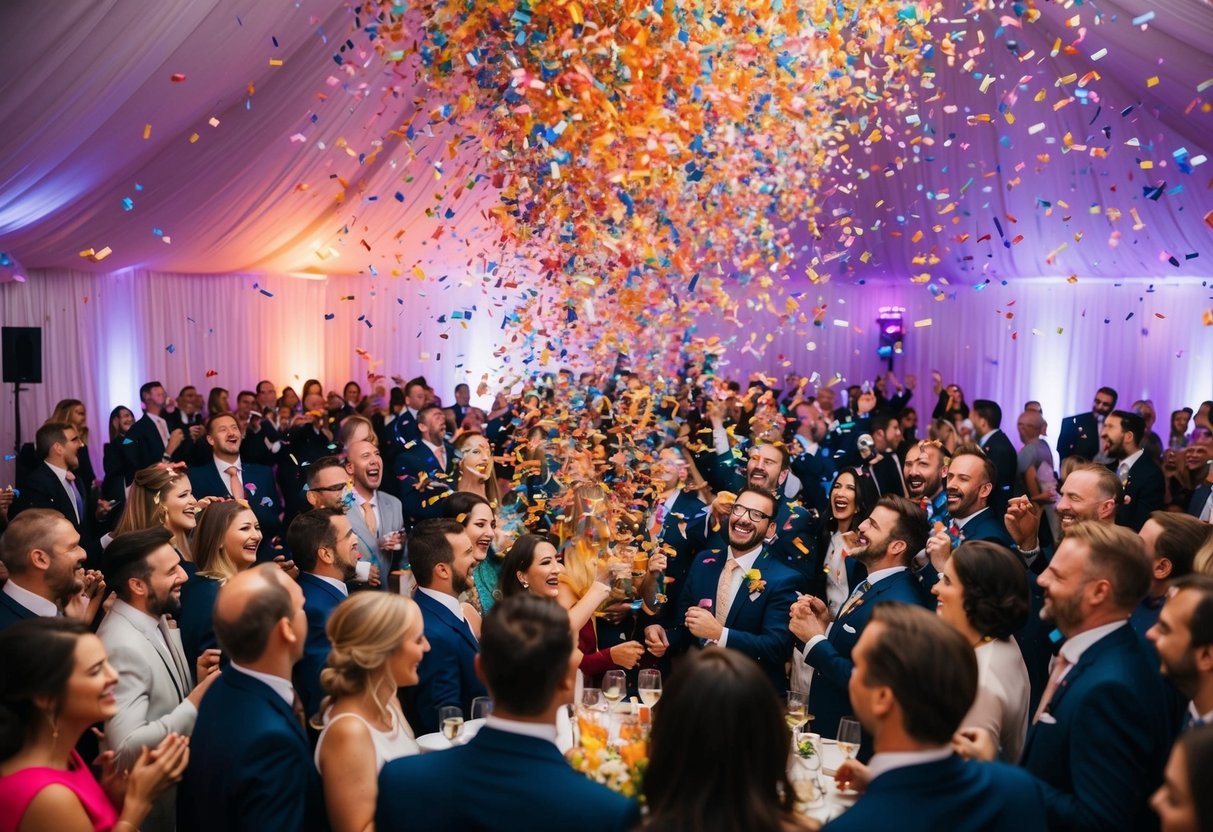 A colorful explosion of confetti raining down on a festive gathering of 30 guests, creating a joyful and celebratory atmosphere