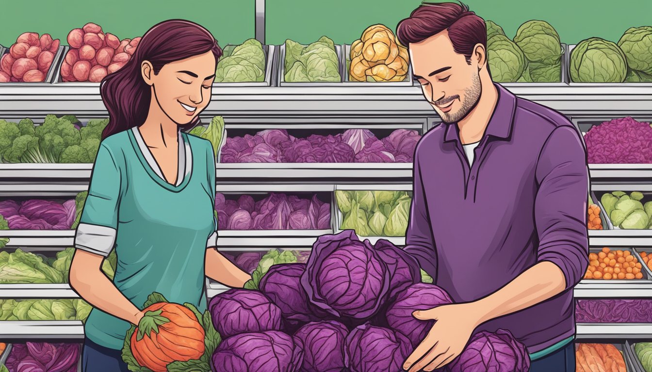 A person swapping a head of radicchio for a head of red cabbage at a grocery store produce section