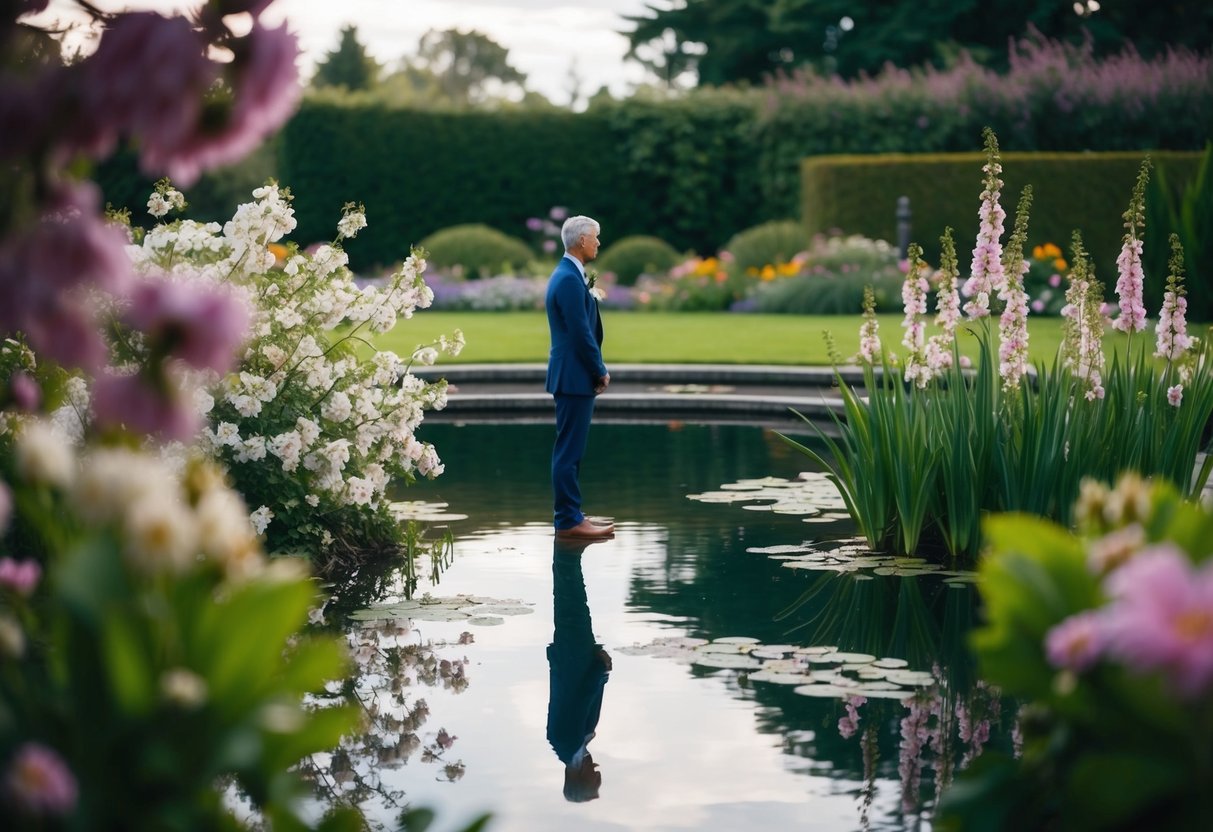 A solitary figure stands in a serene garden, surrounded by blooming flowers and tranquil water, reflecting on the decision not to invite anyone to their wedding