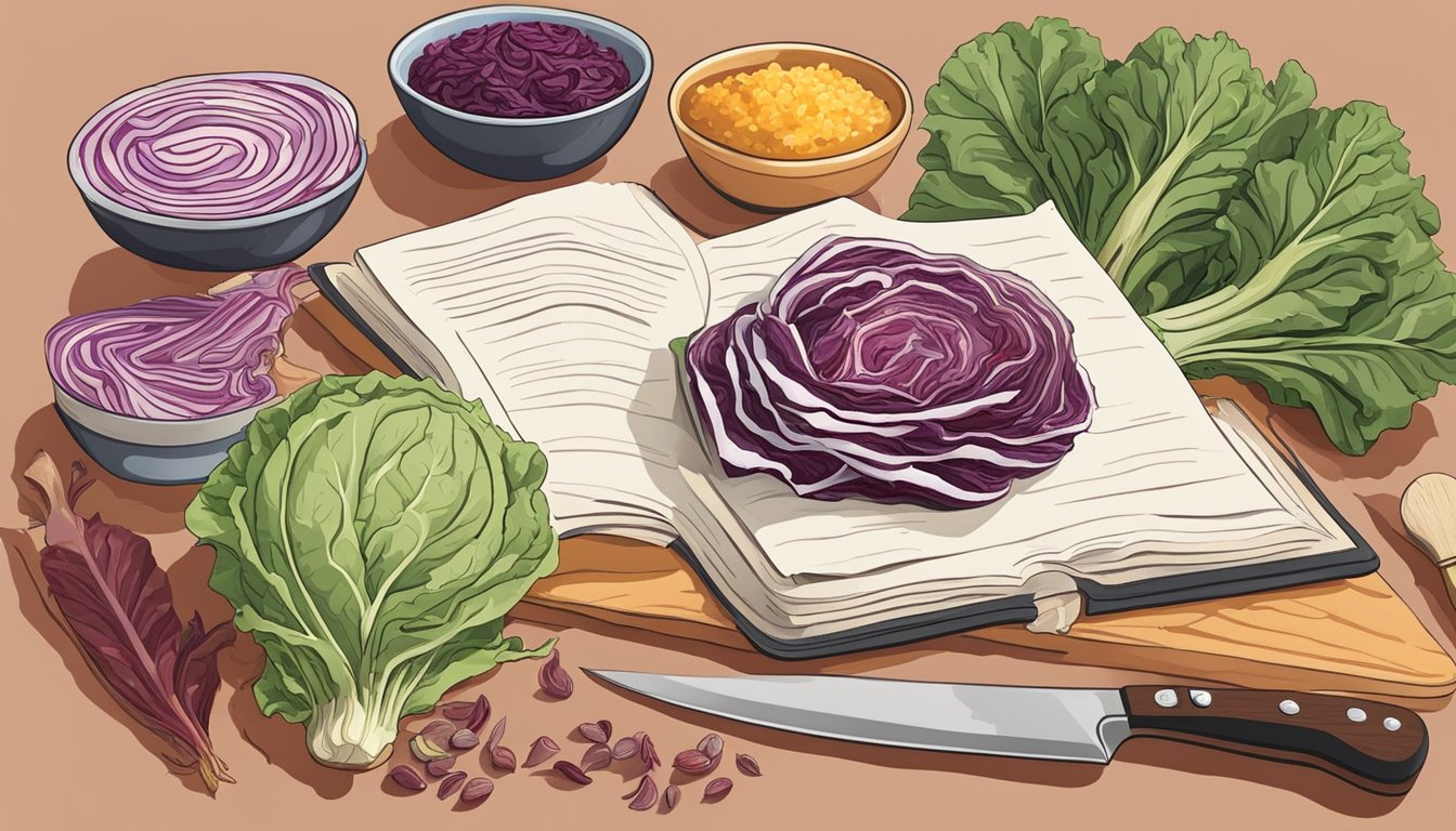 A vibrant kitchen counter with a bowl of radicchio, a knife, and various cooking ingredients, with a cookbook open to a page on substituting radicchio for red cabbage