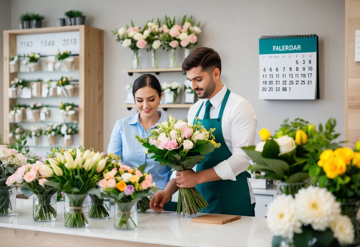 A florist arranging bouquets in a shop, with a calendar on the wall showing the date of a wedding and the current date