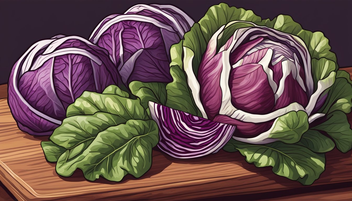 A vibrant bunch of radicchio leaves and a head of red cabbage sit side by side on a wooden cutting board, ready to be used as alternative leafy greens in a variety of dishes