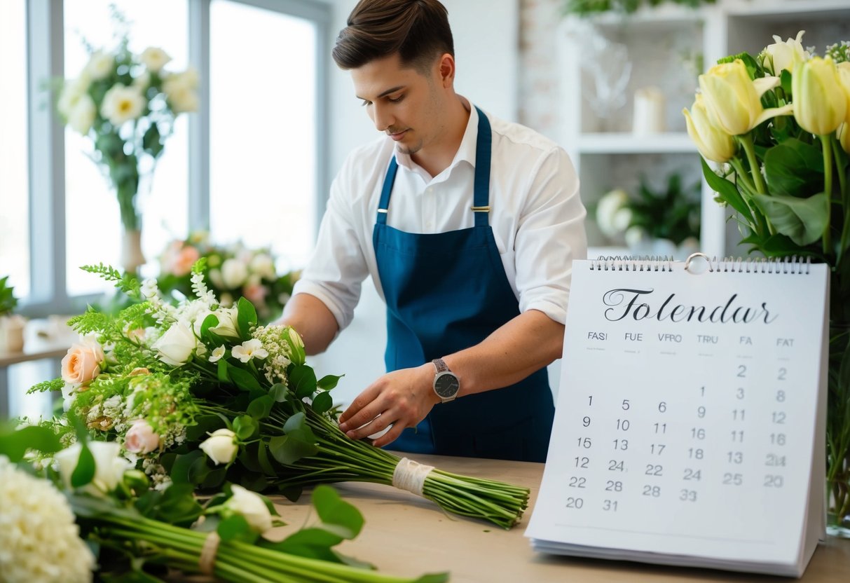 A florist carefully arranging fresh flowers in preparation for a wedding, with a calendar nearby showing the date of the upcoming event