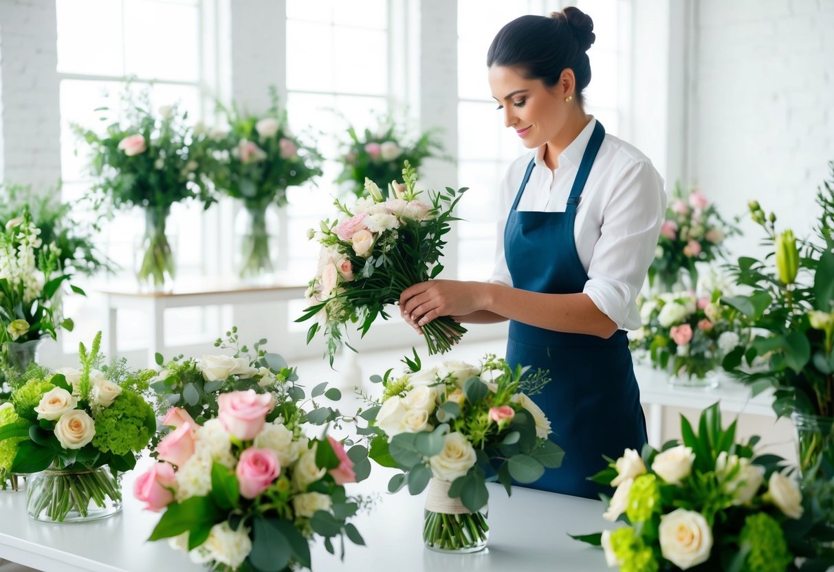 A florist arranging wedding bouquets and centerpieces in a bright, airy studio filled with fresh flowers and greenery